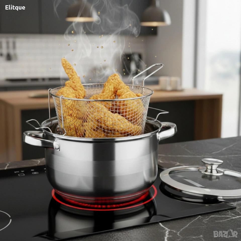 Тенджера с кошница за пържене и стъклен капак Cheffinger Ø24 см – инокс, 6,5 л, за всички котлони, снимка 1