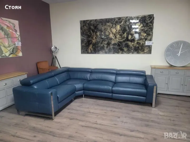 Тюркоазено син кожен ъглов диван Torres с ел. релакс механизъм, снимка 1