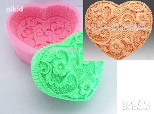 Голямо сърце плетиво с цветя дълбок силиконов молд форма калъп фондан гипс сапун украса декор , снимка 1
