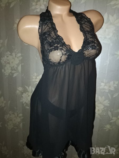Denizgulu M,L- Черна еротична нощница с гол гръб от дантела, шифон и сатен , снимка 1