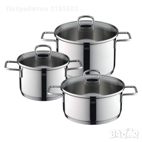 Комплект 3 тенджери Silit Alicante, Стъклени капаци, Сребърен, снимка 2 - Прибори за хранене, готвене и сервиране - 51431884