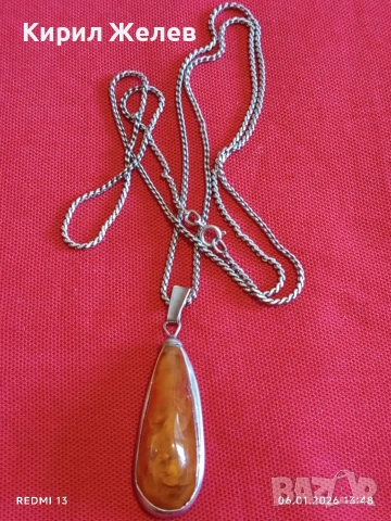 Сребърен ланец плетка тип КОРАБНО ВЪЖЕ и висулка с КЕХЛИБАР ювелирна изработка 47258, снимка 6 - Колиета, медальони, синджири - 53005809