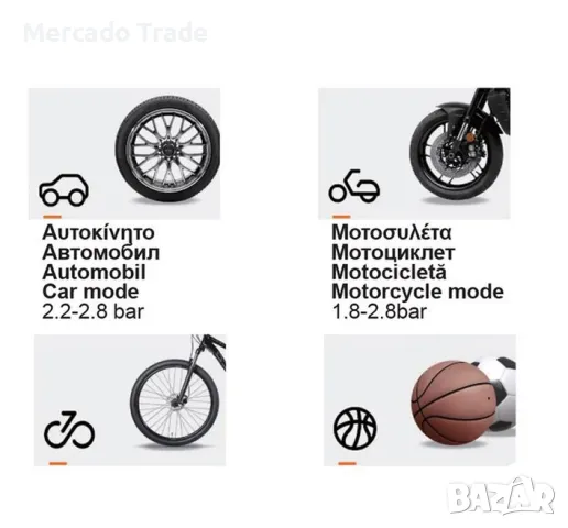 Преносима електрическа помпа за гуми Mercado Trade, LED светлина, 3 функции, снимка 3 - Аксесоари и консумативи - 50094359