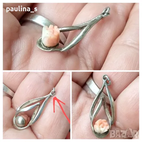 Два броя / Сребърна висулка с розов корал и циркон / проба 925 / , снимка 2 - Колиета, медальони, синджири - 42337886