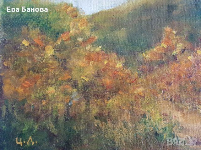 Есенен пейзаж с маслени бои и рамка Цветан Добрев Витоша, снимка 4 - Картини - 27264570