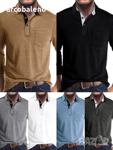 Модна мъжка тениска с дълъг ръкав и ревер, 6цвята - 024, снимка 1 - Тениски - 43628815