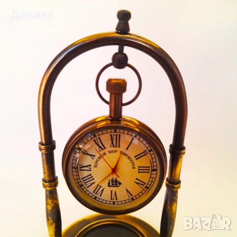 Настолен бронзов часовник с компас – ретро подарък и сувенир, снимка 2 - Луксозни - 53140178
