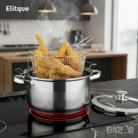 Тенджера с кошница за пържене и стъклен капак Cheffinger Ø24 см – инокс, 6,5 л, за всички котлони