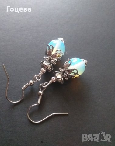 Прекрасни обици със скъпоценни камъни Опал с фини орнаменти в цвят Сребро , снимка 1