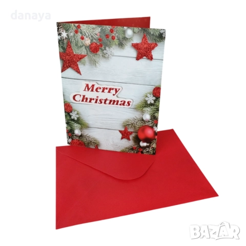 6135 Музикална коледна картичка Merry Christmas с червен плик, 20×14.5 см, със светлина и мелодия