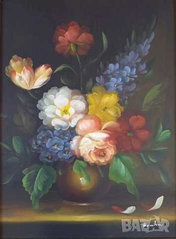 Картина - натюрморт с цветя в златиста барокова рамка, снимка 2 - Картини - 51628591