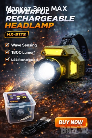 Акумулаторен LED челник HX-917S със сензор за движение, Type-C зареждане и батерия 18650, снимка 2 - Къмпинг осветление - 53061579