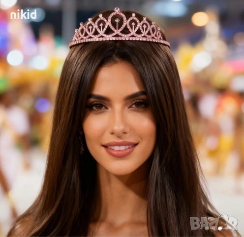 Медено розова метална дамска детска корона тиара диадема за коса глава с гребен