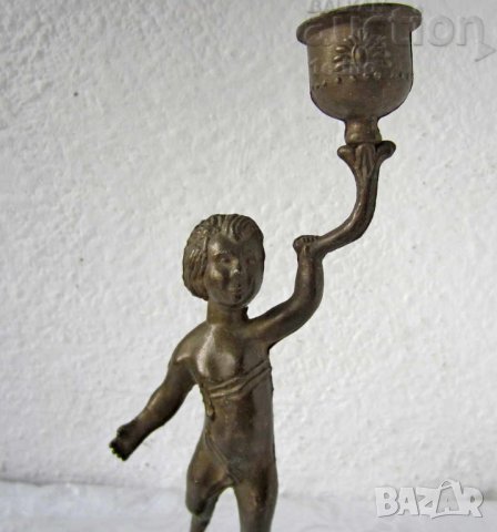 десен свещник стар метален 24 см с момче фигура антика, снимка 2 - Антикварни и старинни предмети - 28874507