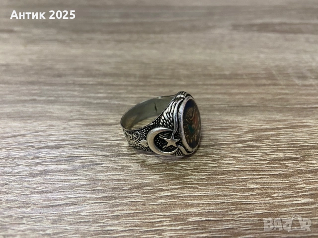 Сребърен мъжки пръстен проба 925 с османски герб и полумесец, снимка 2 - Пръстени - 53266509