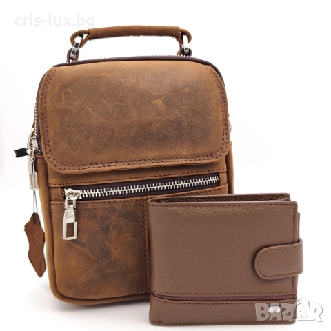 Подаръчен комплект за мъж – чанта и портфейл от естествена кожа Will POLO в светло кафяво-MPK-047, снимка 1