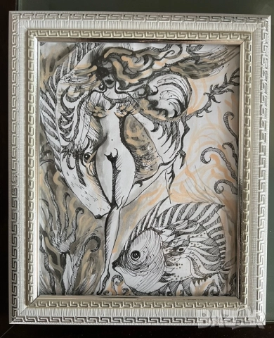 Картина женско голо тяло с риби, графика