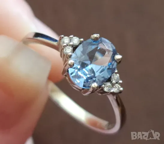 НОВ Сребърен марков пръстен с прекрасен голям син циркон и 6 прозрачни, снимка 11 - Пръстени - 50247066