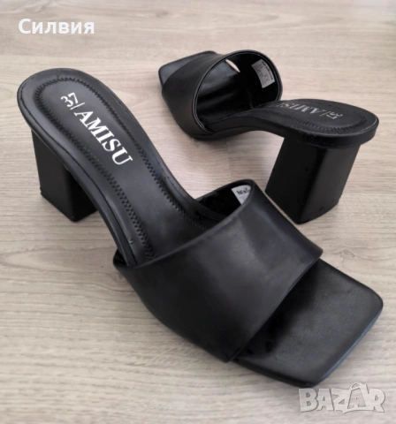 Черни лъскави кожени чехли "Amisu"/"Амису" на ток 7.5 см, номер 37, снимка 2 - Дамски обувки на ток - 53466497