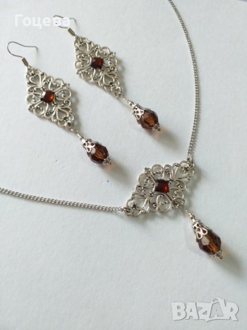 Разкошен комплект бижута с шоколадово кафяви фасетирани капка кристали и орнаменти в цвят Сребро , снимка 3 - Бижутерийни комплекти - 38374199