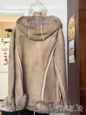 Женски бежъв кожух с естествен косъм, снимка 2 - Палта, манта - 50976691