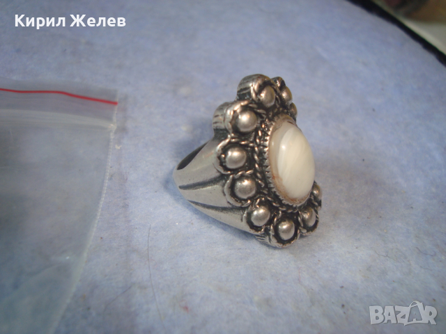 ДЪЛБОКО ПОСРЕБРЕН АРТ ДЕКО СКЪПОЦЕНЕН МЕДЕН ПРЪСТЕН с ПОЛИРАН БЯЛ АХАТ 38911, снимка 4 - Пръстени - 36411245
