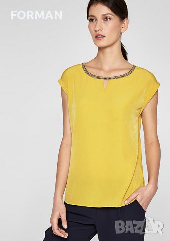 Блуза в цвят ГОРЧИЦА с красиво деколте обшито с прозрачни синци, снимка 2 - Тениски - 37893050