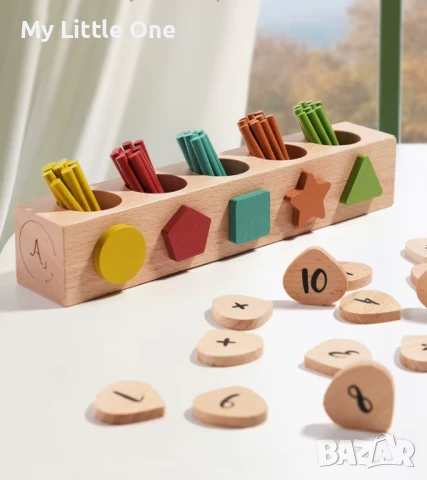 Монтесори математическа игра с цветни пръчици и дървени плочки