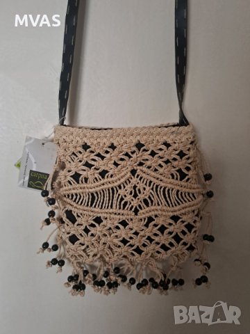 Нова малка бохо чанта с плетка и топчета черно и бежово екрю , снимка 2 - Чанти - 40539014