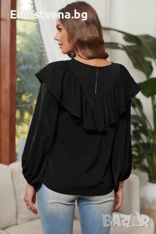 Дамска блуза в черно с дълъг ръкав и къдрички, снимка 16 - Блузи с дълъг ръкав и пуловери - 40698207