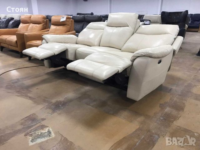  Кремав диван тройка-естествена кожа с релаксиращ механизъм за краката, снимка 2 - Дивани и мека мебел - 39676312