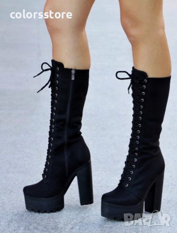 Ботуши на ток - черен велур с черно ходило - 593