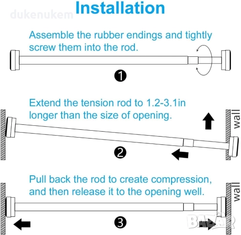 Телескопичен корниз за баня 50–130 см, неръждаема стомана, без пробиване, снимка 6 - Други стоки за дома - 52626092