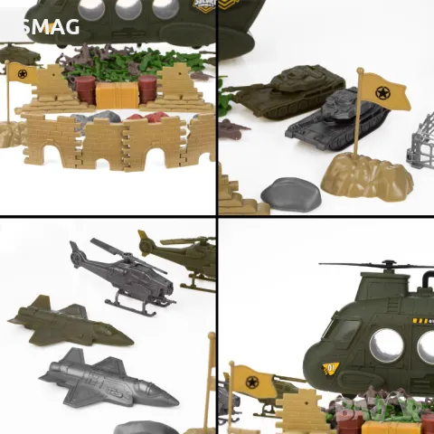 Военен комплект с хеликоптери и войници - 100 бр. S_1242898, снимка 3 - Влакчета, самолети, хеликоптери - 48042525