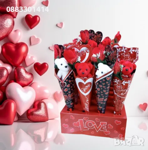 Букет за Свети Валентин Плюшено мече и роза , снимка 4 - Плюшени играчки - 49053552