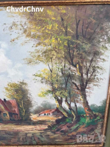 70х60см/стара голяма картина масло върху платно/селски пейзаж/къщи-път-дървета/дървена рамка, снимка 4 - Картини - 50852611