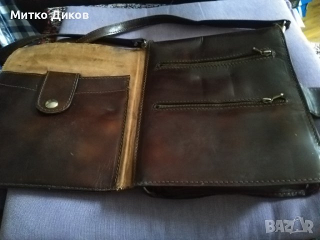 Тъмнокафява чанта естествена кожа за през рамо като командирска 250х195х60мм, снимка 9 - Чанти - 43050149