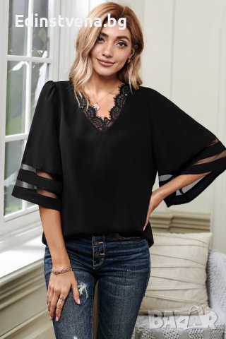 Дамска блуза в черно с 3/4 широки ръкави и ефектна дантела, снимка 1 - Корсети, бюстиета, топове - 40828285