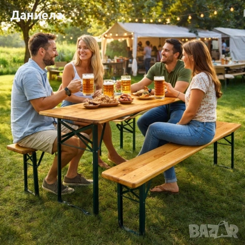 Сгъваем комплект градинска маса с 2 пейки - От чамово дърво, с отвор за чадър, снимка 3 - Маси - 53499303