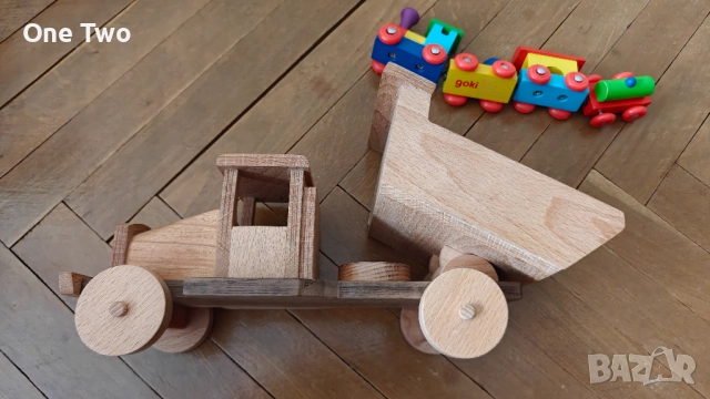 Голям масивен дървен камион (Самосвал) и влакче Goki – Лот дървени игр, снимка 5 - Образователни игри - 52532674