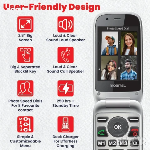 Mobitel 8010 Мобилен телефон за възрастни хора с голeми бутони, сгъваем, 4G, отключен, червен, снимка 2 - Други - 51159293