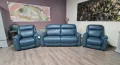 Тюркоазено син кожен комплект - диван тройка и два фотьойла La-z-boy, снимка 1