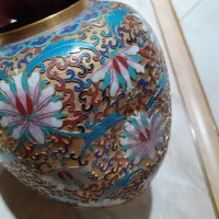 Cloisonne Клоазоне стара ваза буркан бронз клетъчен емайл, снимка 4 - Антикварни и старинни предмети - 43202532