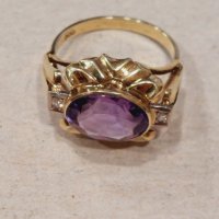Златен пръстен с аметист и два брилянта-злато 14к., снимка 4 - Пръстени - 43553709