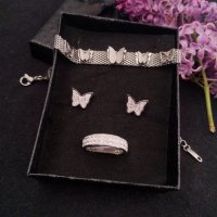 Обеци, гривна и пръстен с пеперуди от медицинска стомана, снимка 1 - Бижутерийни комплекти - 43666283