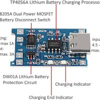 Модул за зареждане на литиеви батерии TP4056 с USB-C с защита, снимка 4 - Друга електроника - 43828326