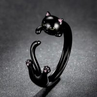 Сребърен пръстен черна котка Модел 024, снимка 2 - Пръстени - 40052842