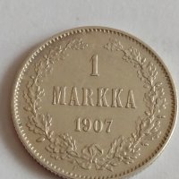 Рядка сребърна монета 1 MARKKA 1907 година Николай втори Русия - 19053, снимка 2 - Нумизматика и бонистика - 32716989