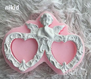 2 сърца сърце рамки рамка и ангел силиконов молд форма калъп фондан гипс шоколад декор, снимка 1
