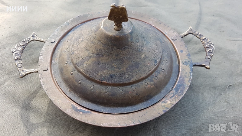 Руска бакърена чиния купа с капак, снимка 1